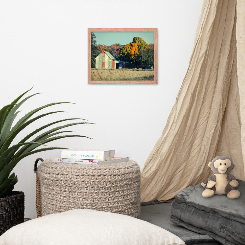 Patriotic Weathered Barn in Field Cross Processed Framed Photo Wall Art Prints, Red Oak, 11" X 14"