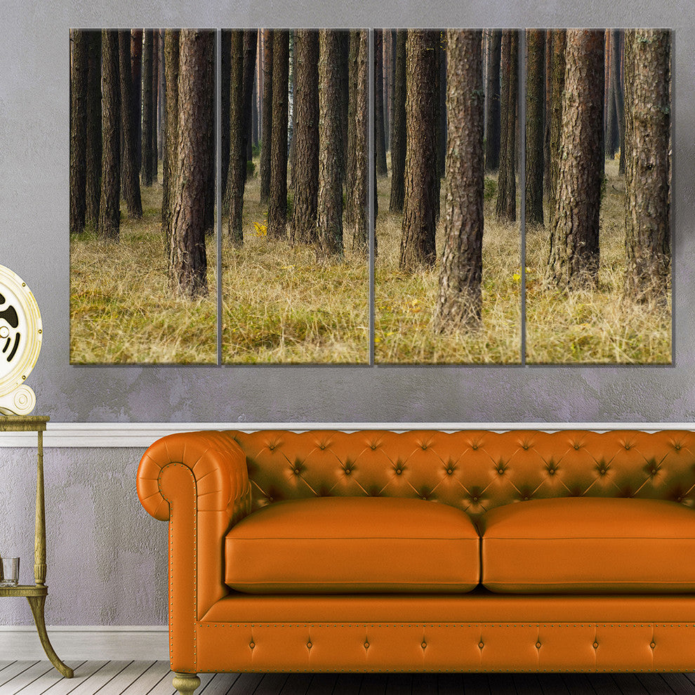 Dark Fall Forest with Green Grass, Modern Forest Canvas Art, 48"x28", 4 Panels