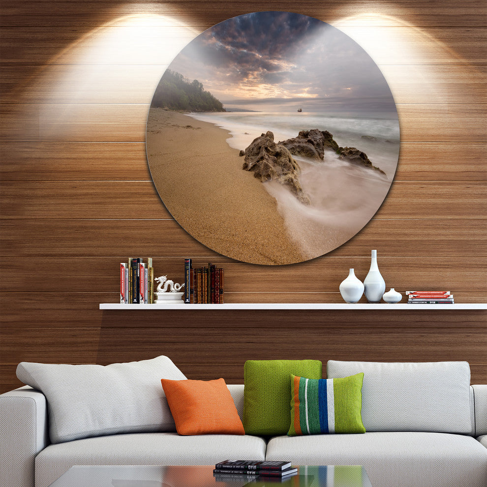 Peaceful Seashore With White Waves, Beach Large Disc Metal Artwork, 23"