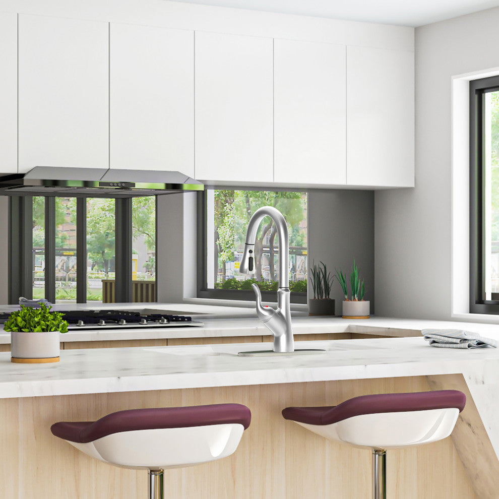 Single Handle Deck Mounted High Arc Pull Down Touchless Kitchen Faucet, Brushed