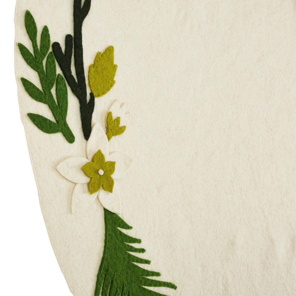 Handmade Christmas Tree Skirt in Felt, Greenery Border on Cream, 60"