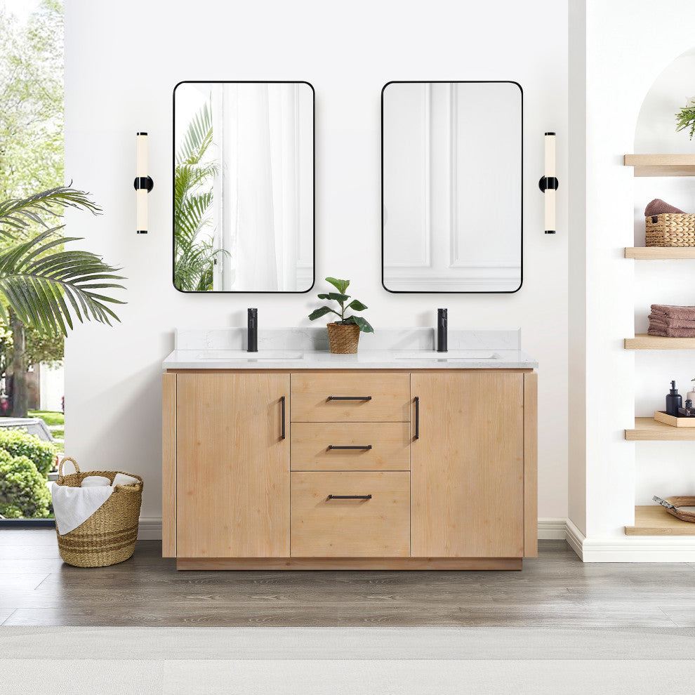 San Bath Vanity with Stone Top, Fir Wood Brown, 60" Double Sink, Double Vanity, No Mirror