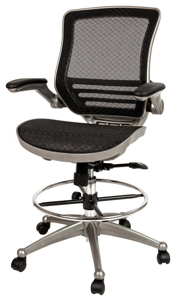 Mid-Back Transparent Black Mesh Drafting Chair -Silver Frame and Flip-Up Arms