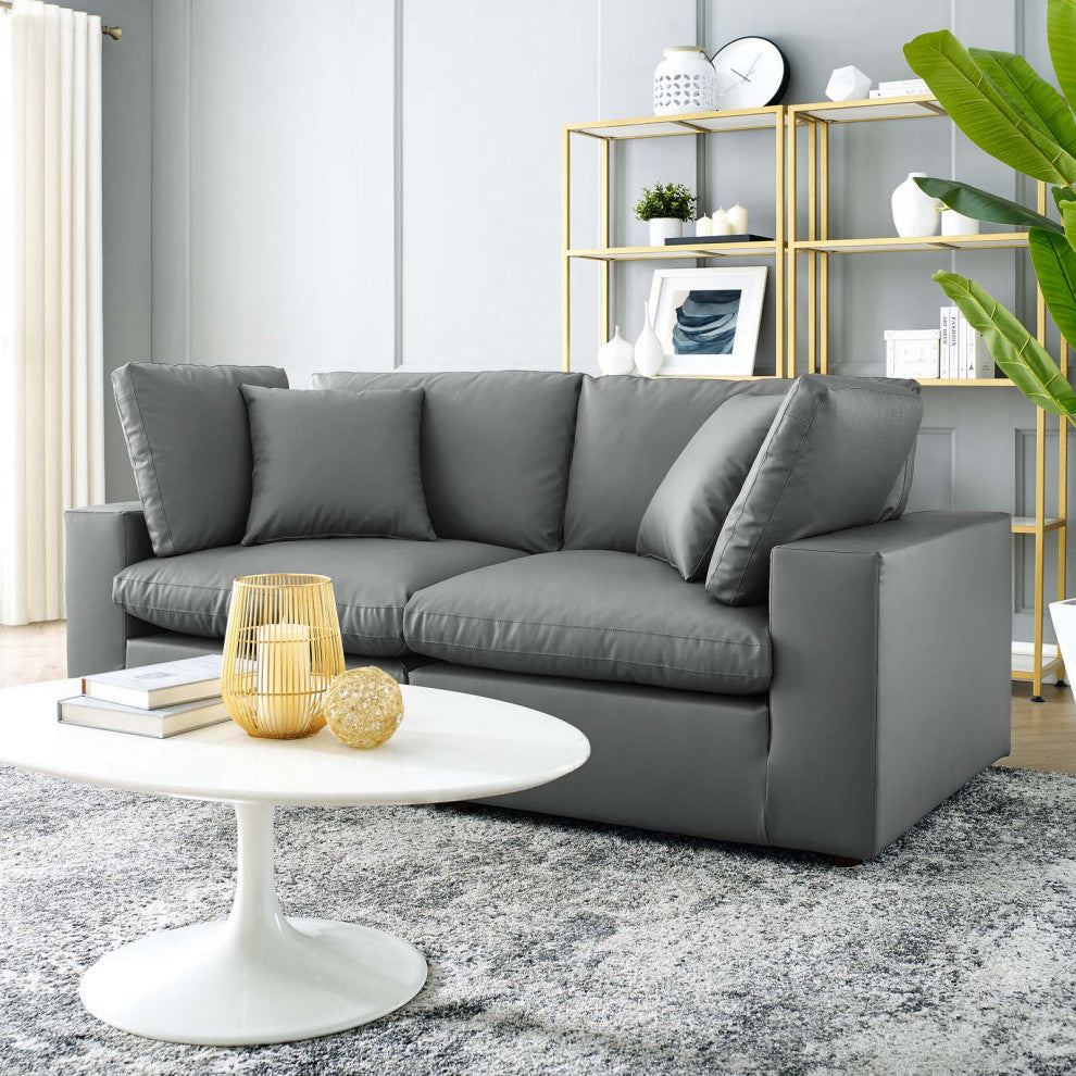 Commix Down Filled Overstuffed Vegan Leather Loveseat - Gray