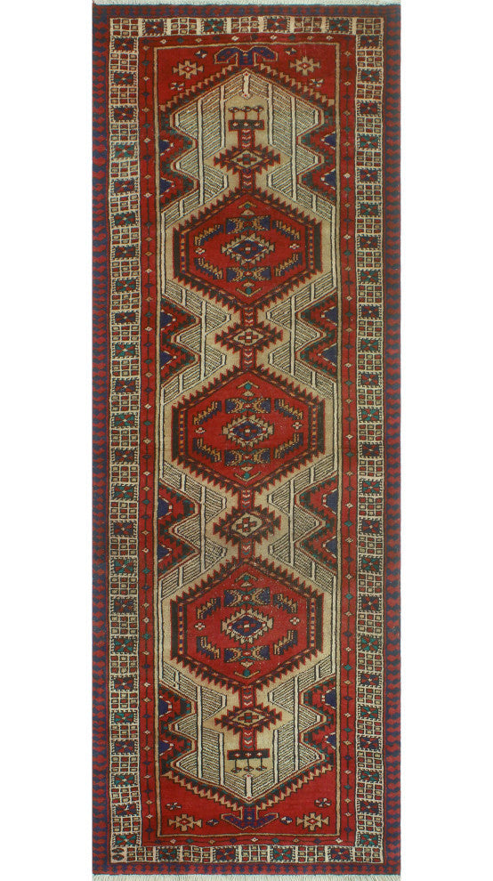 Fine Vintage Distressed Adika Red/Navy Runner, 3'3x9'9