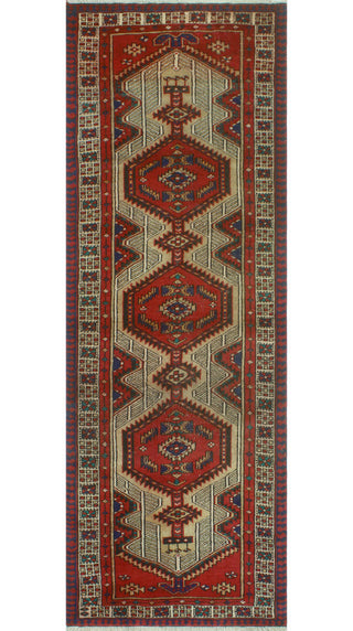 Fine Vintage Distressed Adika Red/Navy Runner, 3'3x9'9