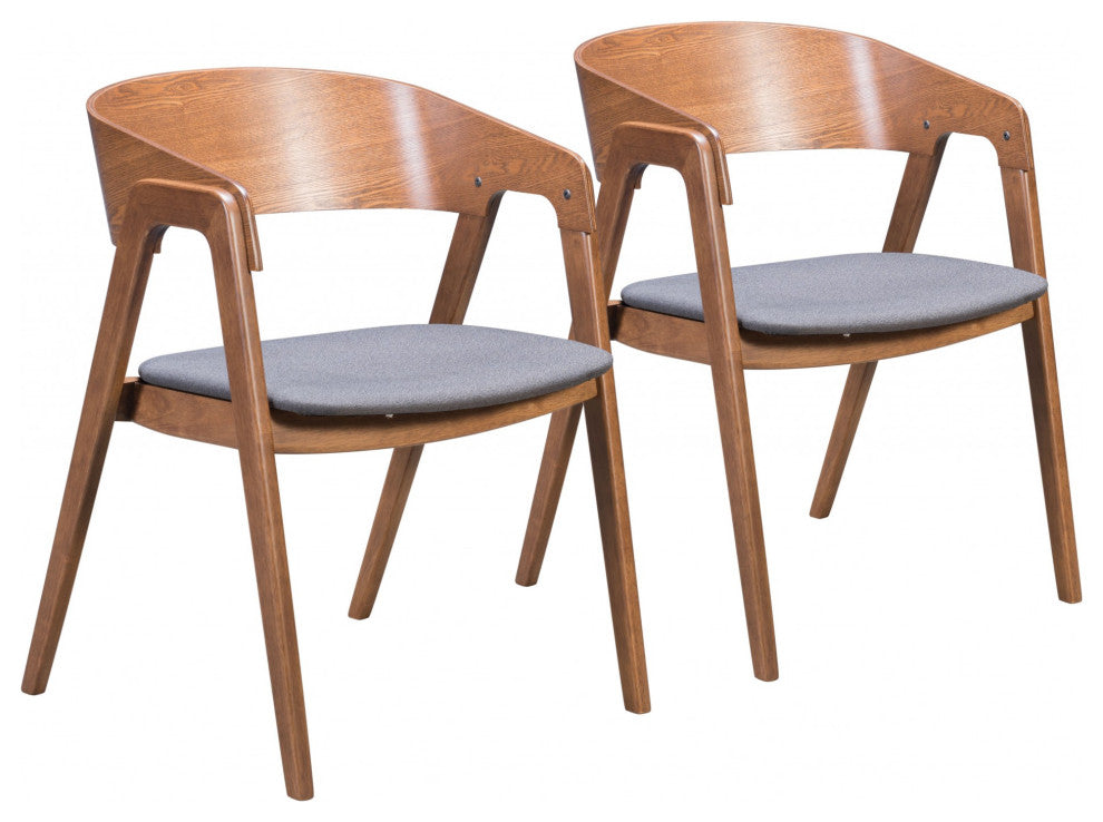 Set of Two Walnut and Dark Gray Modern Retro Dining Armchairs