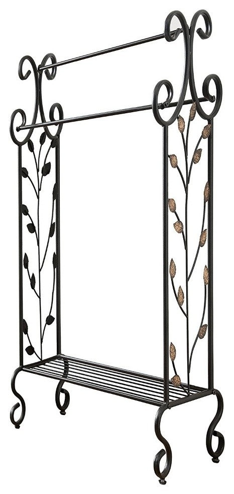 Benzara Gold Leaves Metal Towel Rack Stand With Shelf, Black