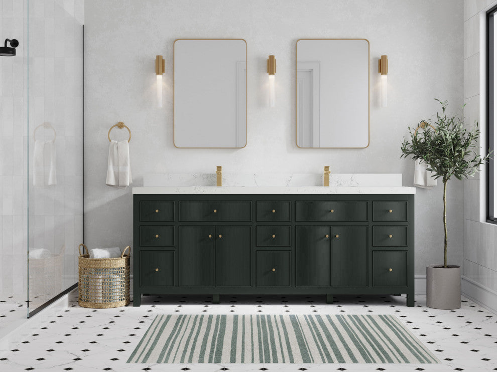 Sonoma 84 Double Sink Reeded Bath Vanity in Dark Forest Green 2" Empira White
