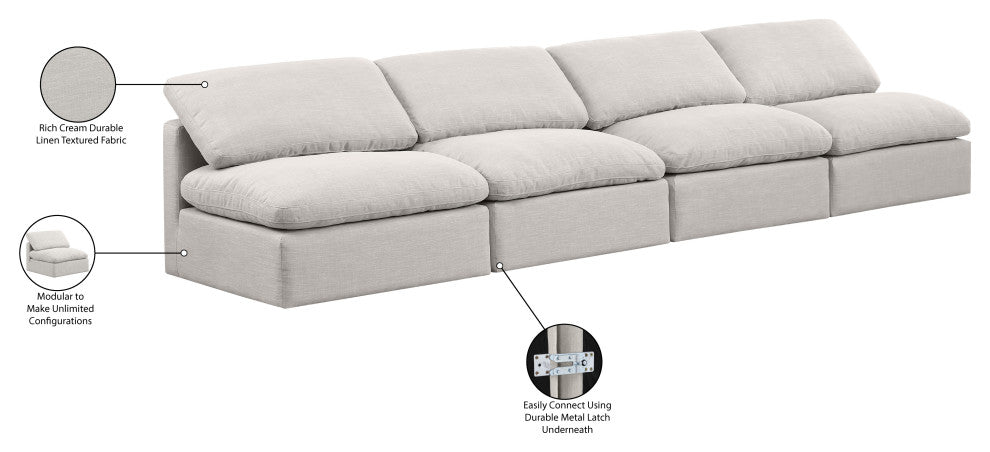 Indulge Upholstered Modular Sofa, Cream, 4-Piece: 4 Armless Chair, Down Stuffed Linen Textured Fabric
