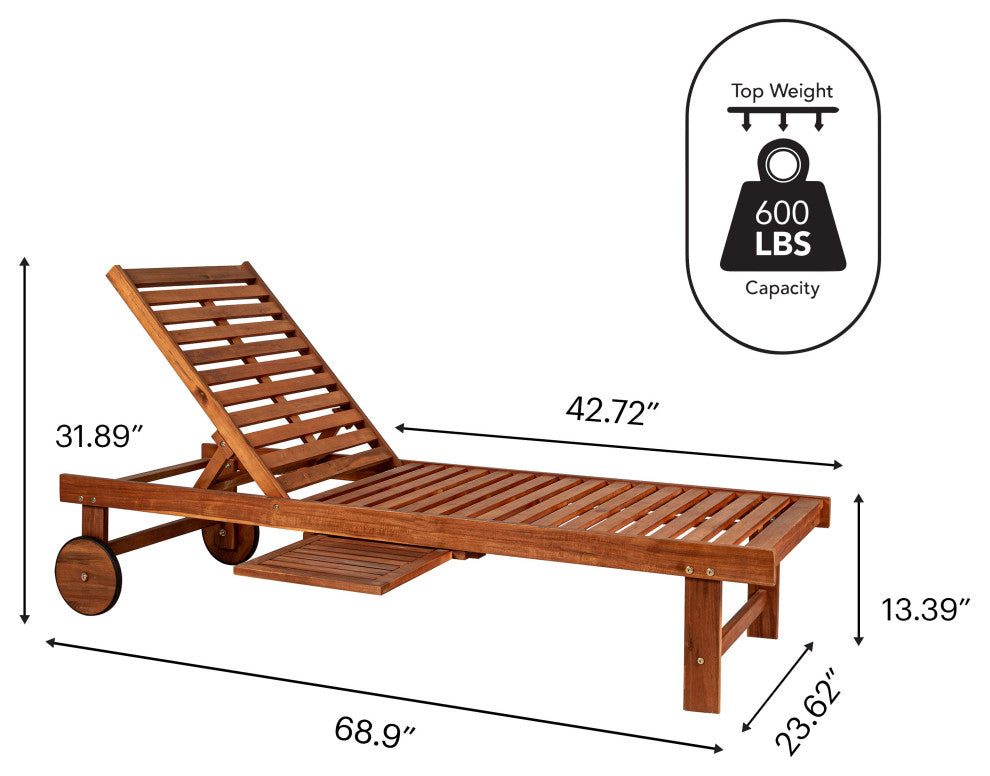 Seabrook 69"x24" Outdoor Acacia Lounger With Cushion, 5-Position, Light Brown