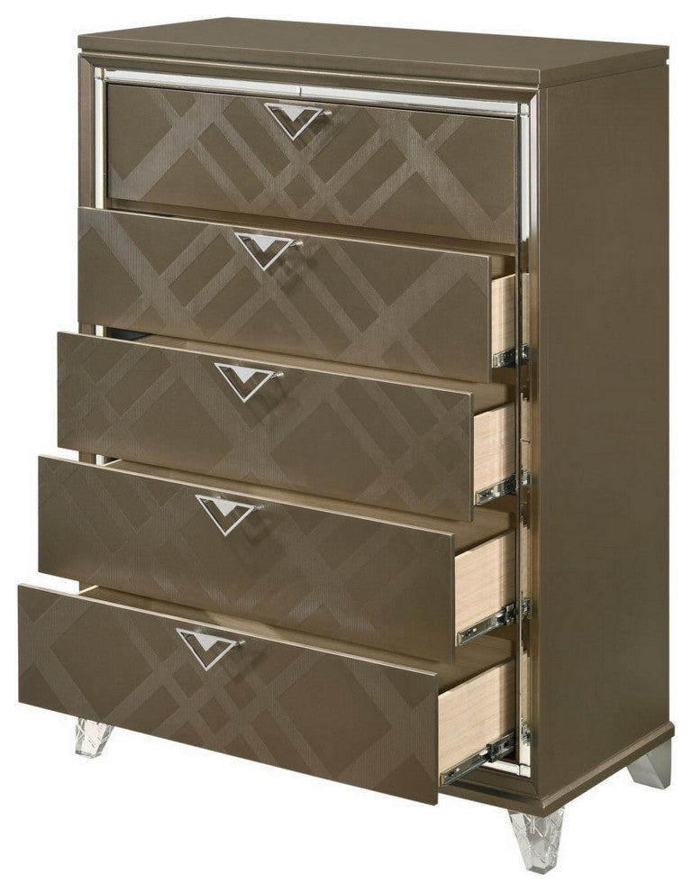 Benzara BM230130 5 Drawer Wooden Chest With Acrylic Legs, Taupe Brown