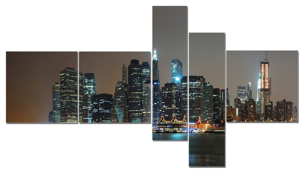 Evening New York Panorama, Cityscape Canvas Art Print, 60"x32", 5 panels