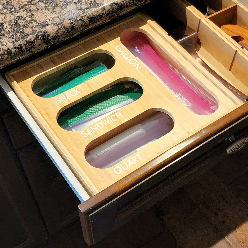 OnDisplay Luxe Bamboo Kitchen Drawer Zip Food Storage Bag Organizer, Food Bagg, Natural