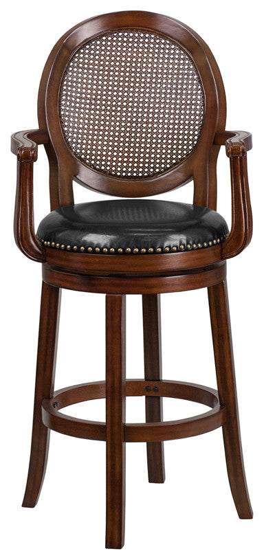 30" High Expresso Wood Barstool With Arms and Black Leather Swivel Seat