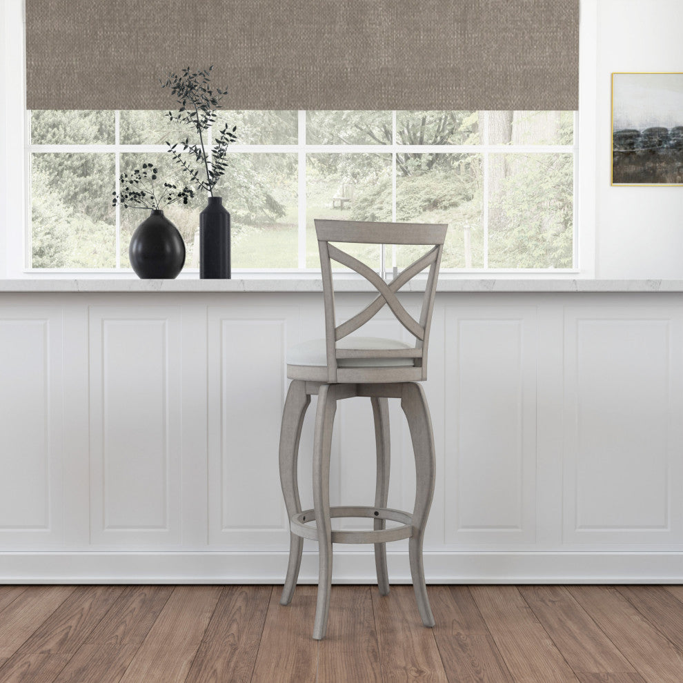 Hillsdale Ellendale Wood Swivel Stool, Curved X-Back, Aged Gray, Bar Height