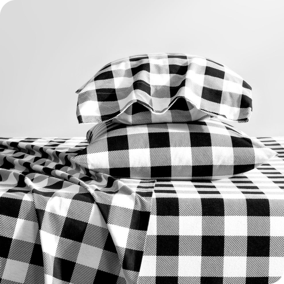 Bare Home Cotton Flannel Sheet Set, Buffalo Plaid - White/Black, King