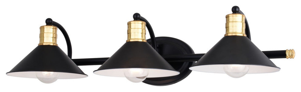 Akron Three Light Vanity in Matte Black and Natural Brass