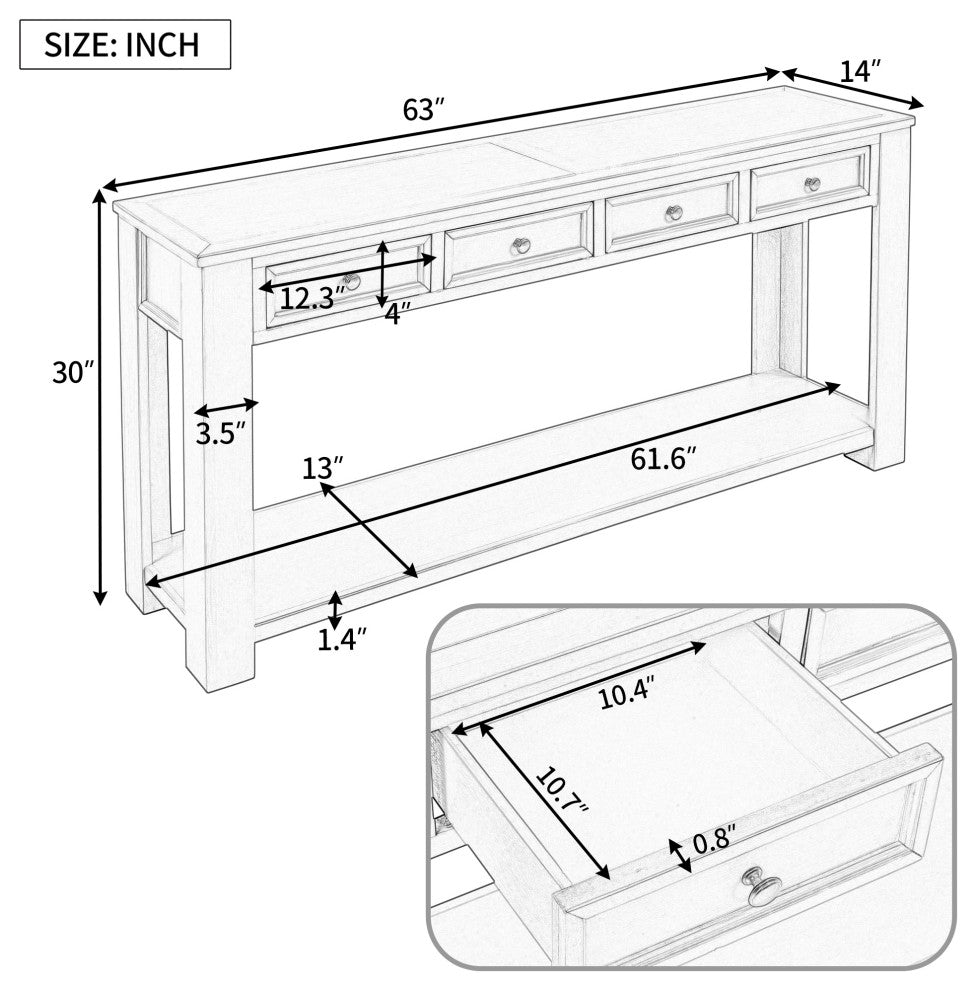 TATEUS 63" Console Table Hallway Sofa Table With Storage Drawers Bottom Shelf, Espresso