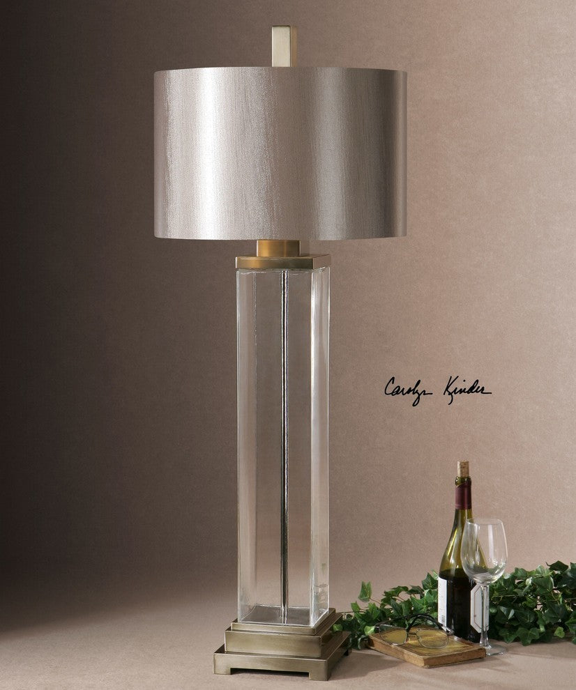 Contemporary Clear Glass Square Column Table Lamp 44 in Large Bronze Shade