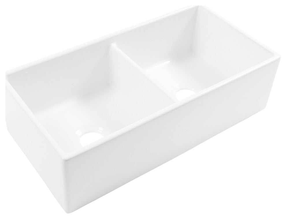 Austen Crisp White Fireclay 36" Double Bowl Farmhouse Undermount Kitchen Sink