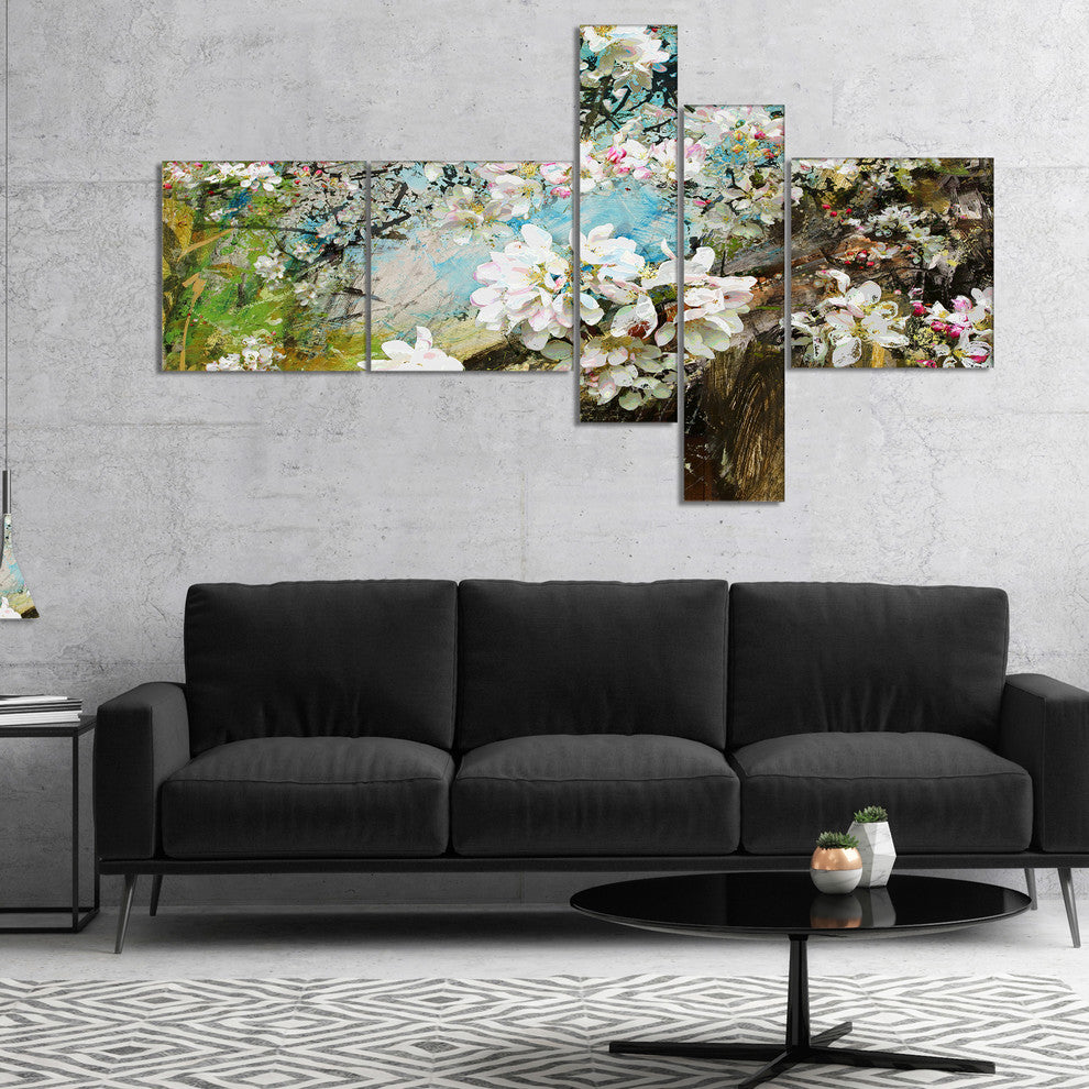 Apple Blossoms With White Flowers, Floral Art Canvas Print, 60"x32", 5 panels