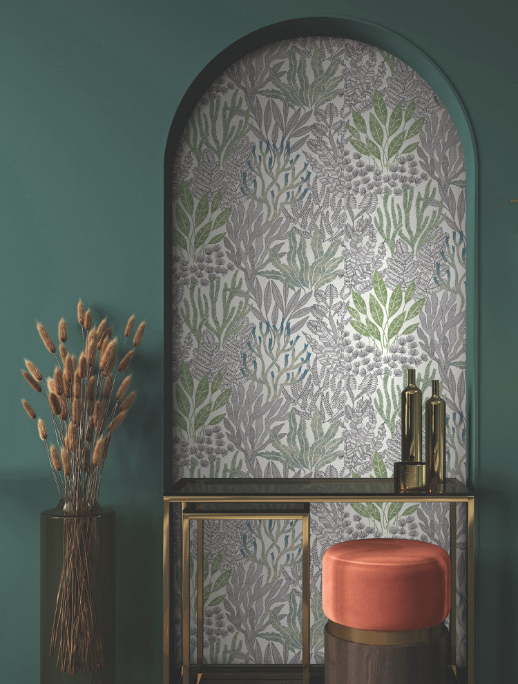 Coral Leaves Blue and Green Wallpaper