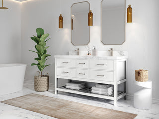 Parker 60 Double Sink Bathroom Vanity in White 2" Carrara Quartz