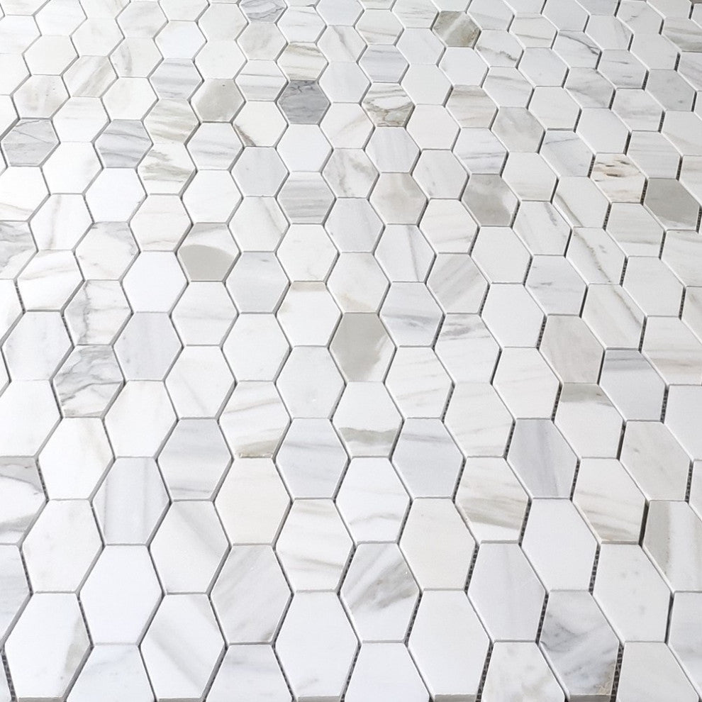 Calacatta Gold Marble 1-1/4x3 Elongated Hexagon Mosaic Tile Polished, 1 sheet