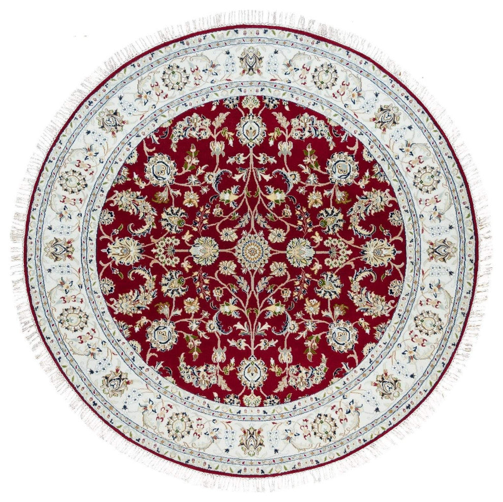 Red, 250 KPSI, Organic Wool, Hand Knotted, Nain Design Round Rug, 6'x6'