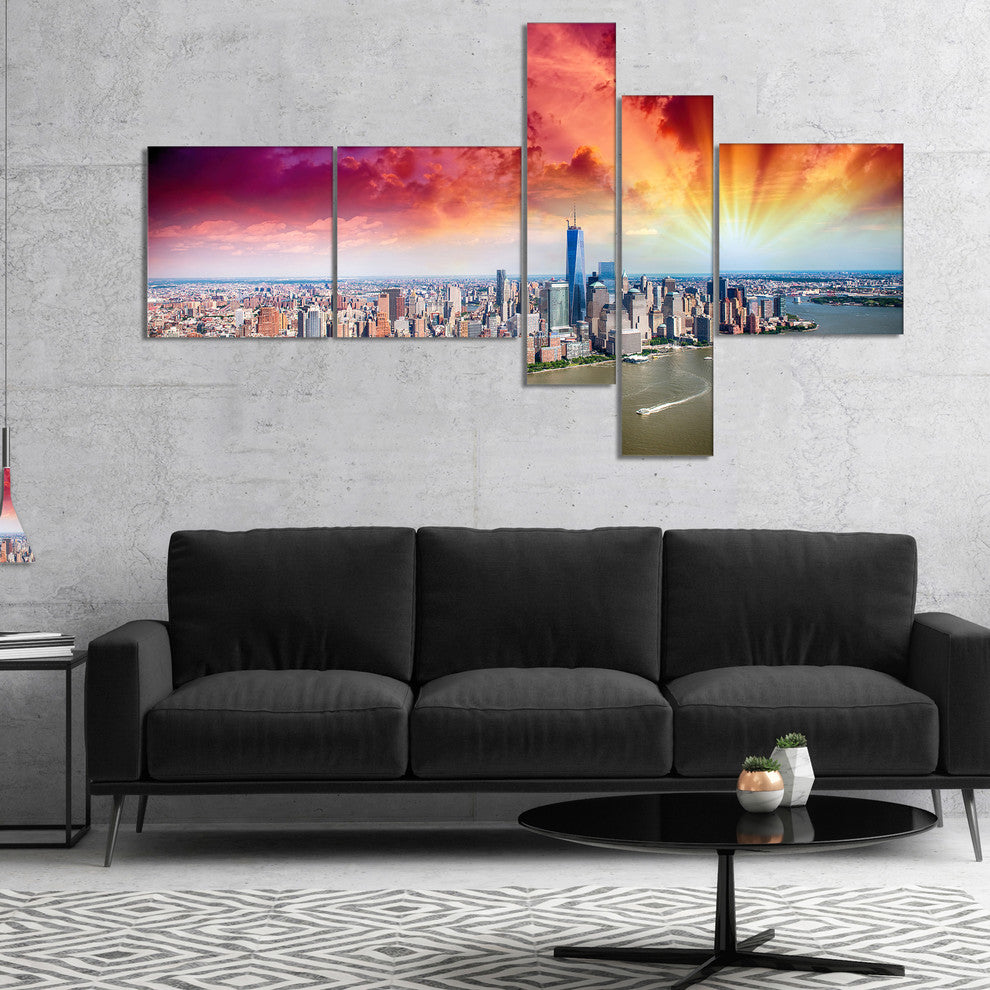 Colorful New York Skyline Aerial View, Cityscape Canvas Print, 60"x32", 5 panels
