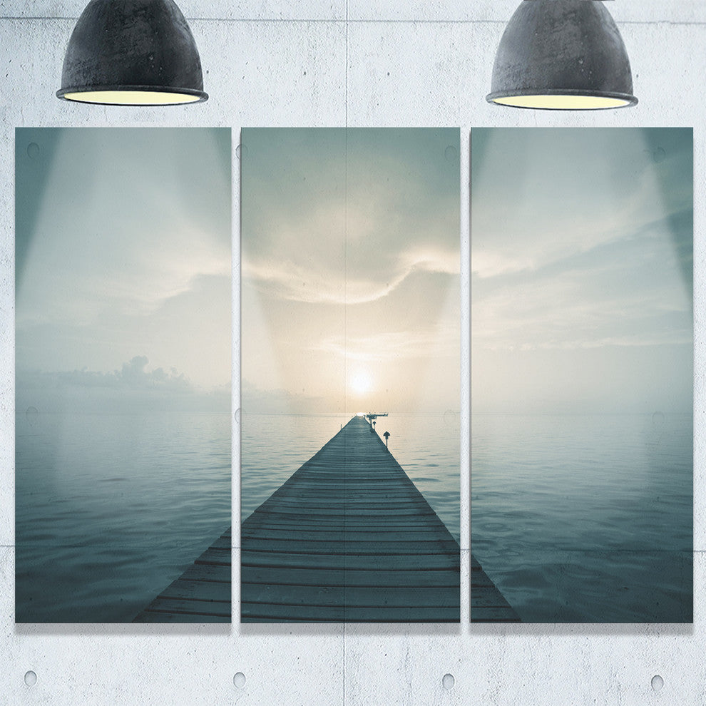"Dark Boardwalk into Blue Sea" Sea Bridge Metal Wall Art, 3 Panels, 36"x28"