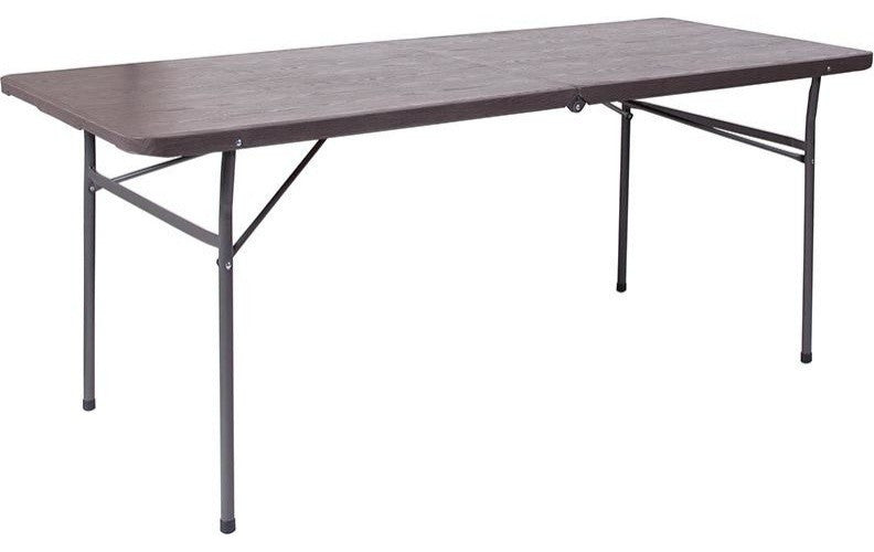 30"x72" Bi-Fold Brown Wood Grain Plastic Folding Table With Carrying Handle