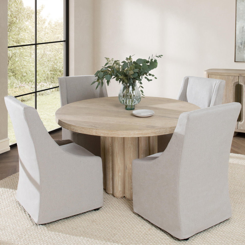 Tiber Oak Wood Round Dining Table, 55", Whitewash