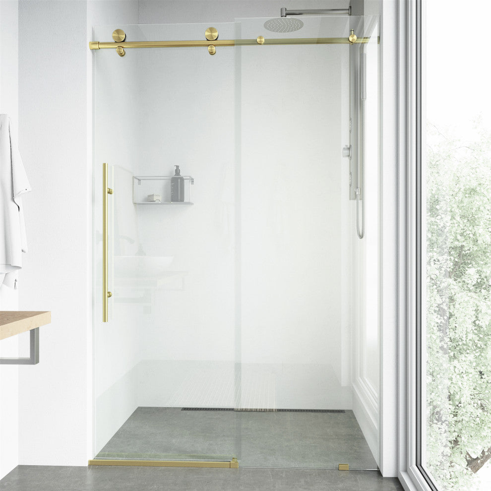 VIGO Elan E-Class 44" to 48" W x 76" H Frameless Sliding Shower Door, Matte Gold, Clear Glass