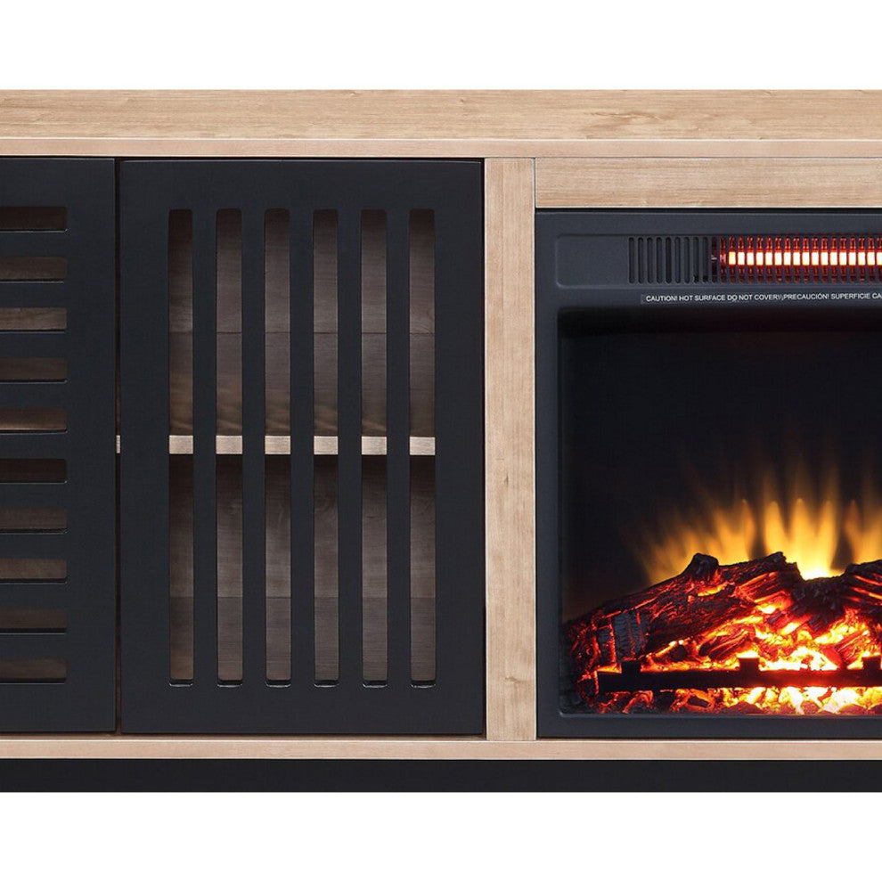 Benzara BM274624 46" Wood Console Table, LED Electric Fireplace, Oak Brown/Black