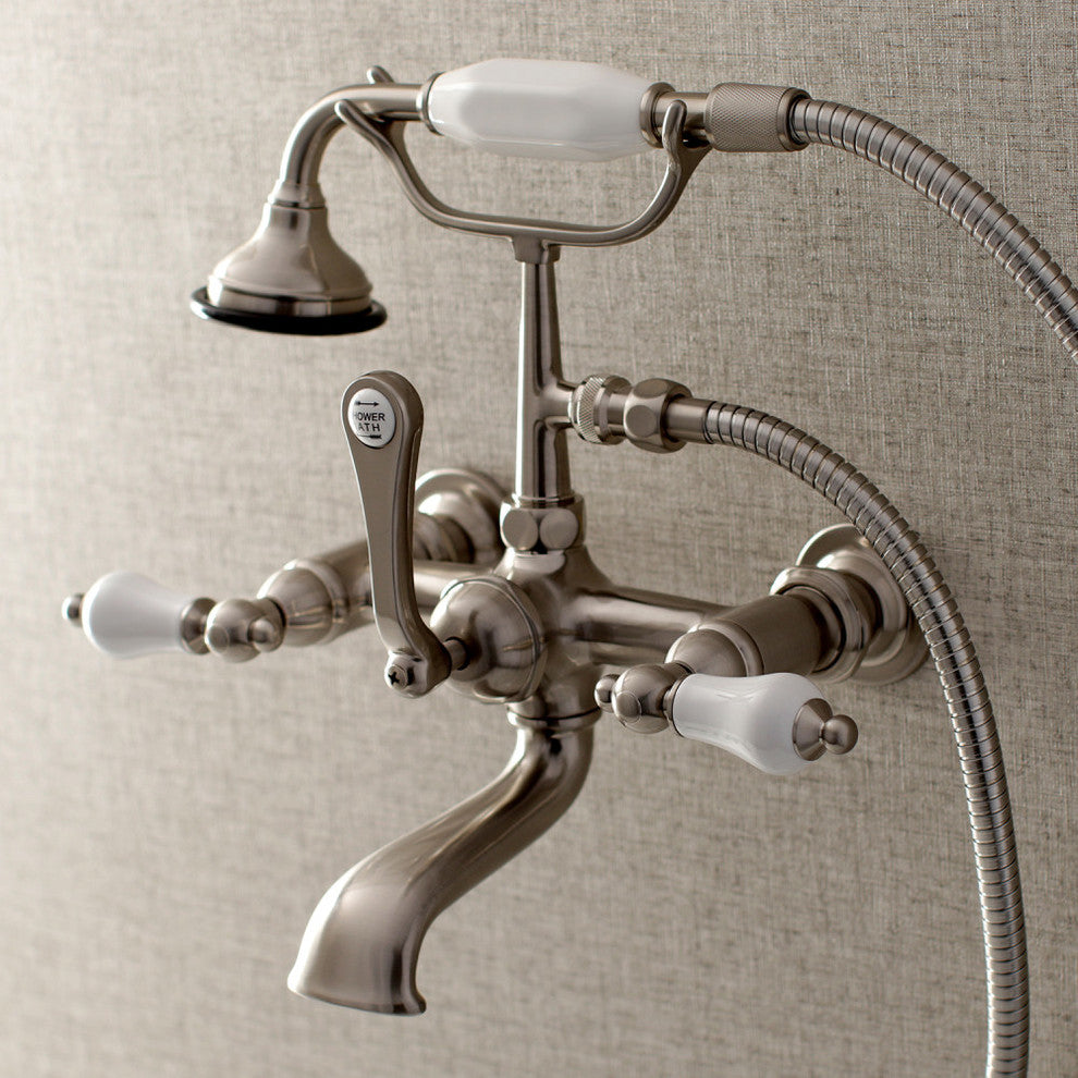 Aqua Vintage 7" Wall Mount Tub Faucet With Hand Shower, Brushed Nickel