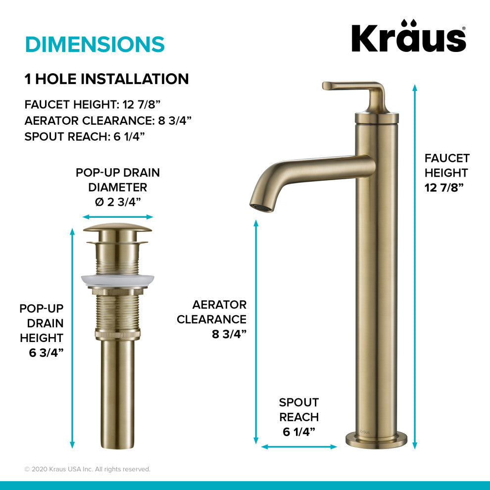 Kraus Ramus Single Handle Vessel Faucet, Pop Up Drain, Brushed Gold