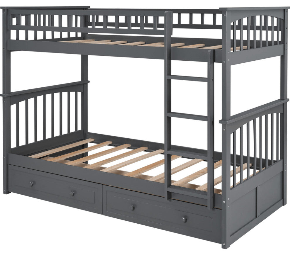 Twin over Twin Bunk Bed Drawers Convertible Beds Gray