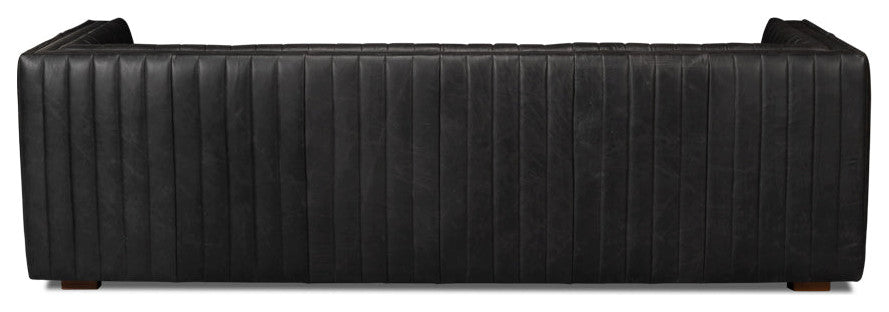 Everett Sofa Modern Channel Tufted Black Leather Couch