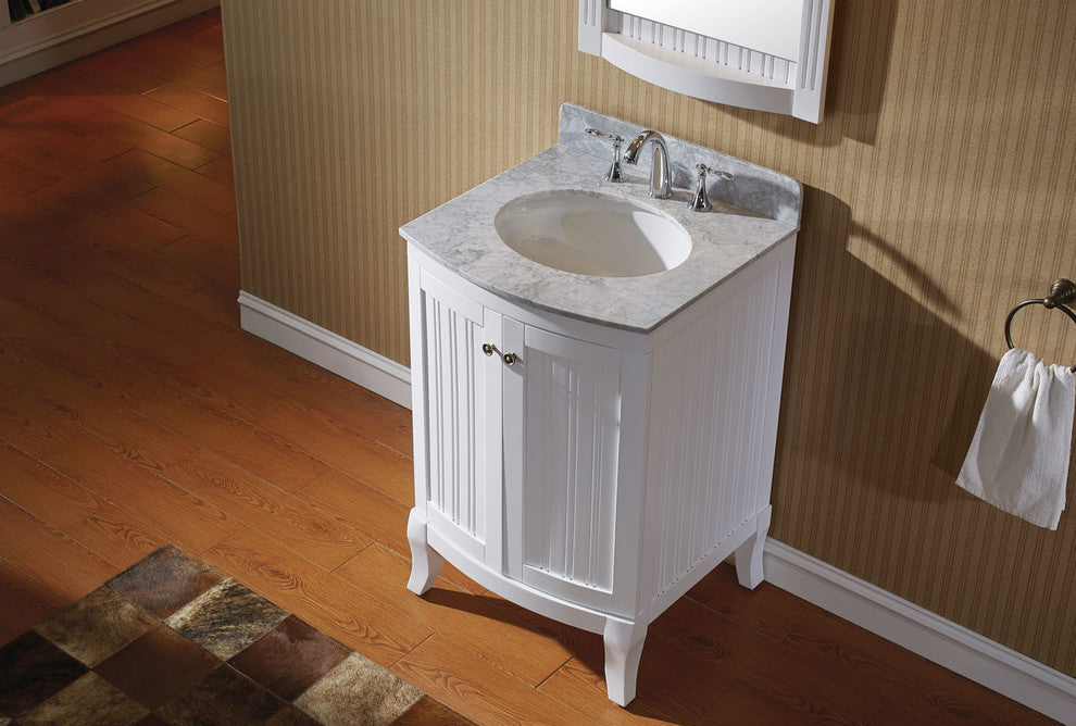 Virtu Khaleesi 24" Single Bathroom Vanity, White With Marble Top, With Mirror