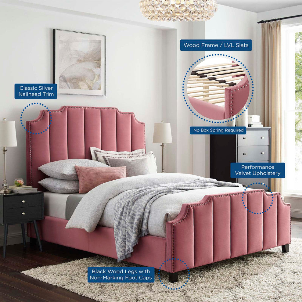 Platform Bed Frame, Queen Size, Velvet, Pink, Modern Contemporary, Bedroom