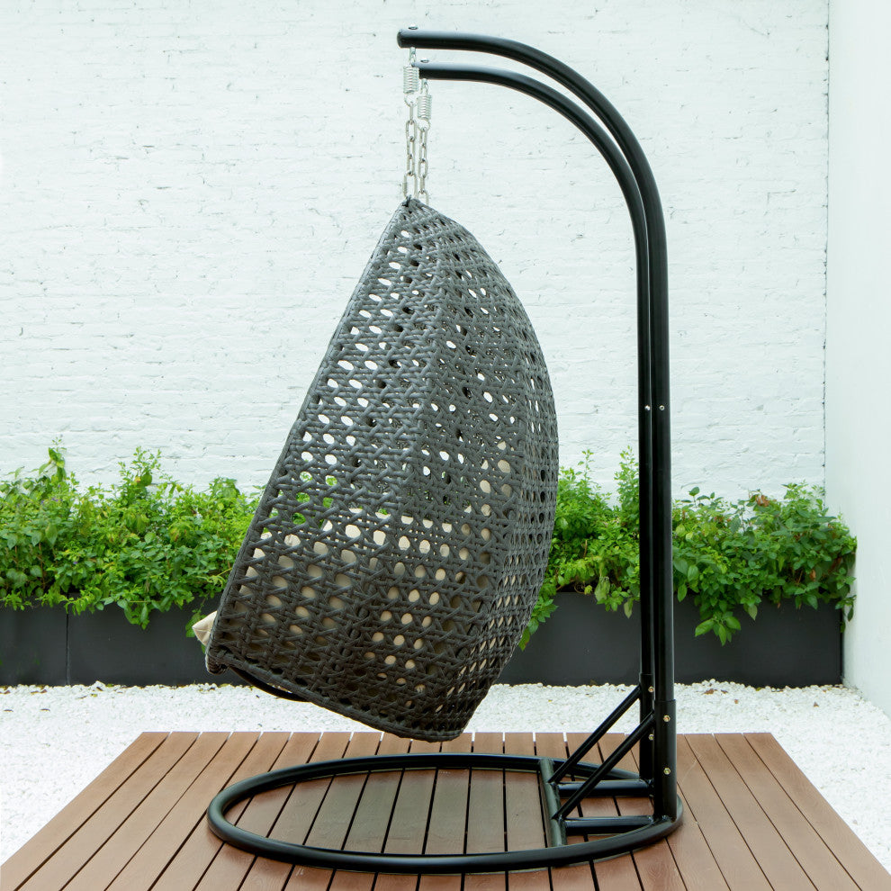 2 Person Charcoal Wicker Double Hanging Egg Swing Chair, Taupe