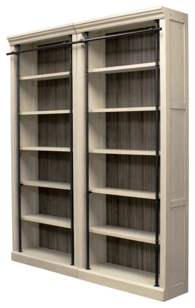 Fully Assembled 8' Tall Bookcase Wall With Ladder, Aged Chateau White