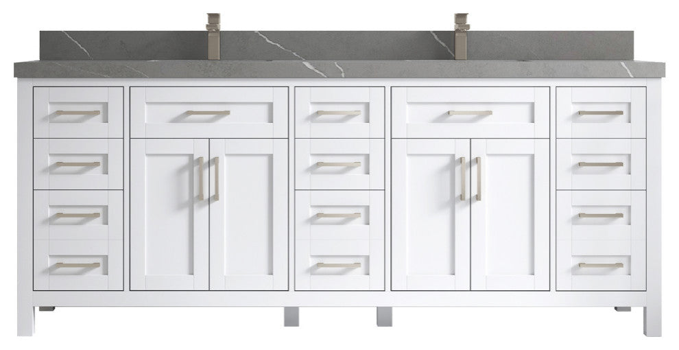 Cambridge 84 Double Sink Bath Vanity in White 2" Piatra Gray