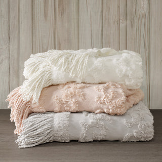 Madison Park Chloe Fringed Tufted Throw Blanket, Boho Pattern, White