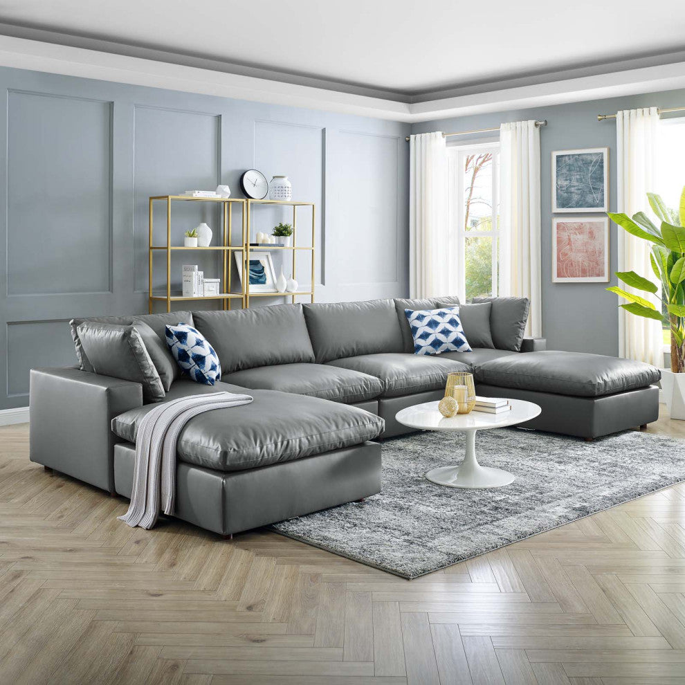 Sectional Sofa Set, Faux Vegan Leather, Gray, Modern, Lounge Hospitality