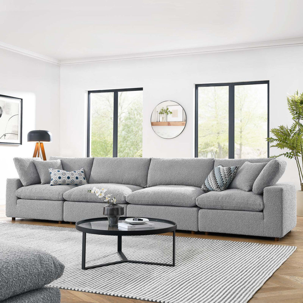 Commix Down Filled Overstuffed Boucle Fabric 4-Seater Sofa, Light Gray