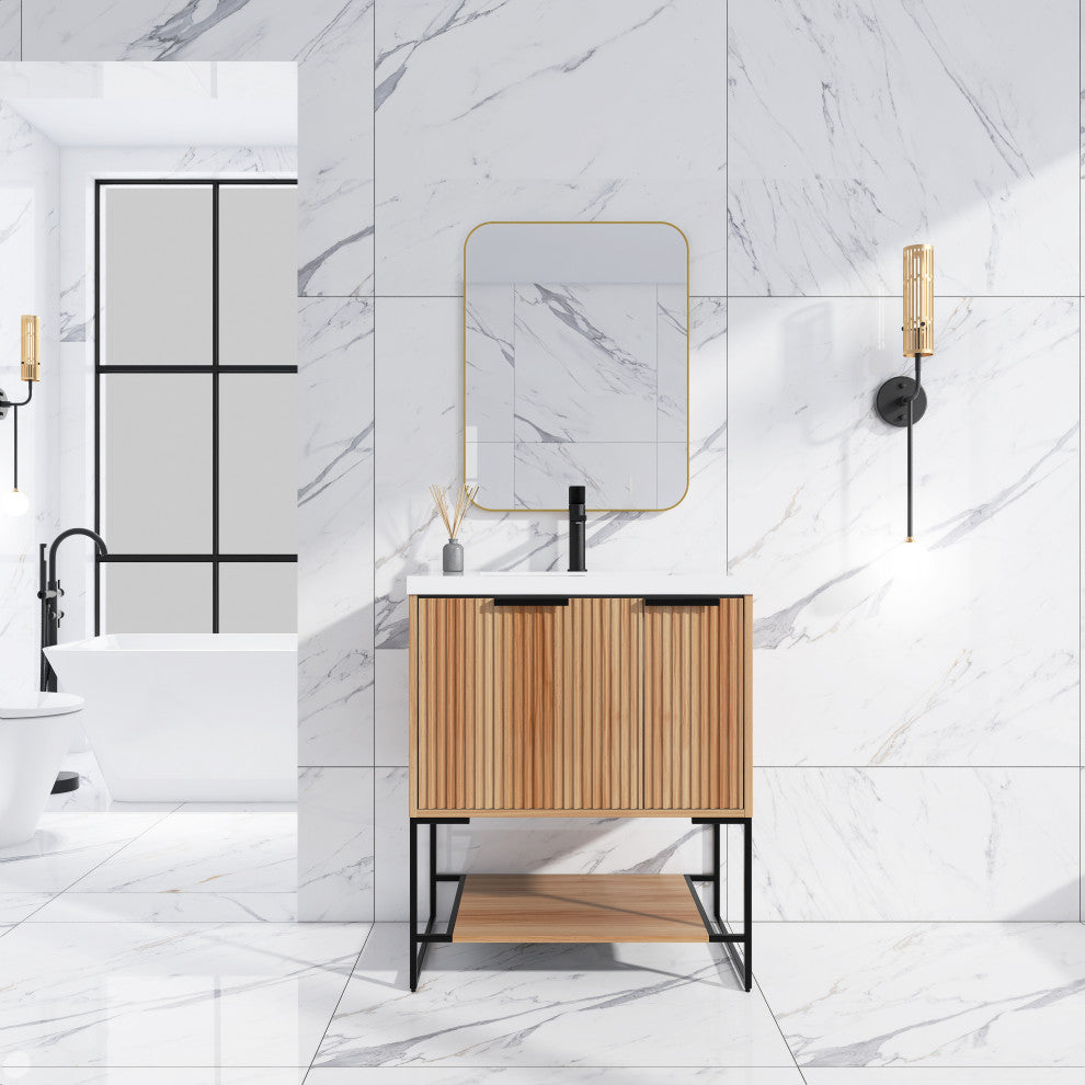 Plywood Freestanding Bathroom Vanity Set with White Ceramic Sink , Maple, 30