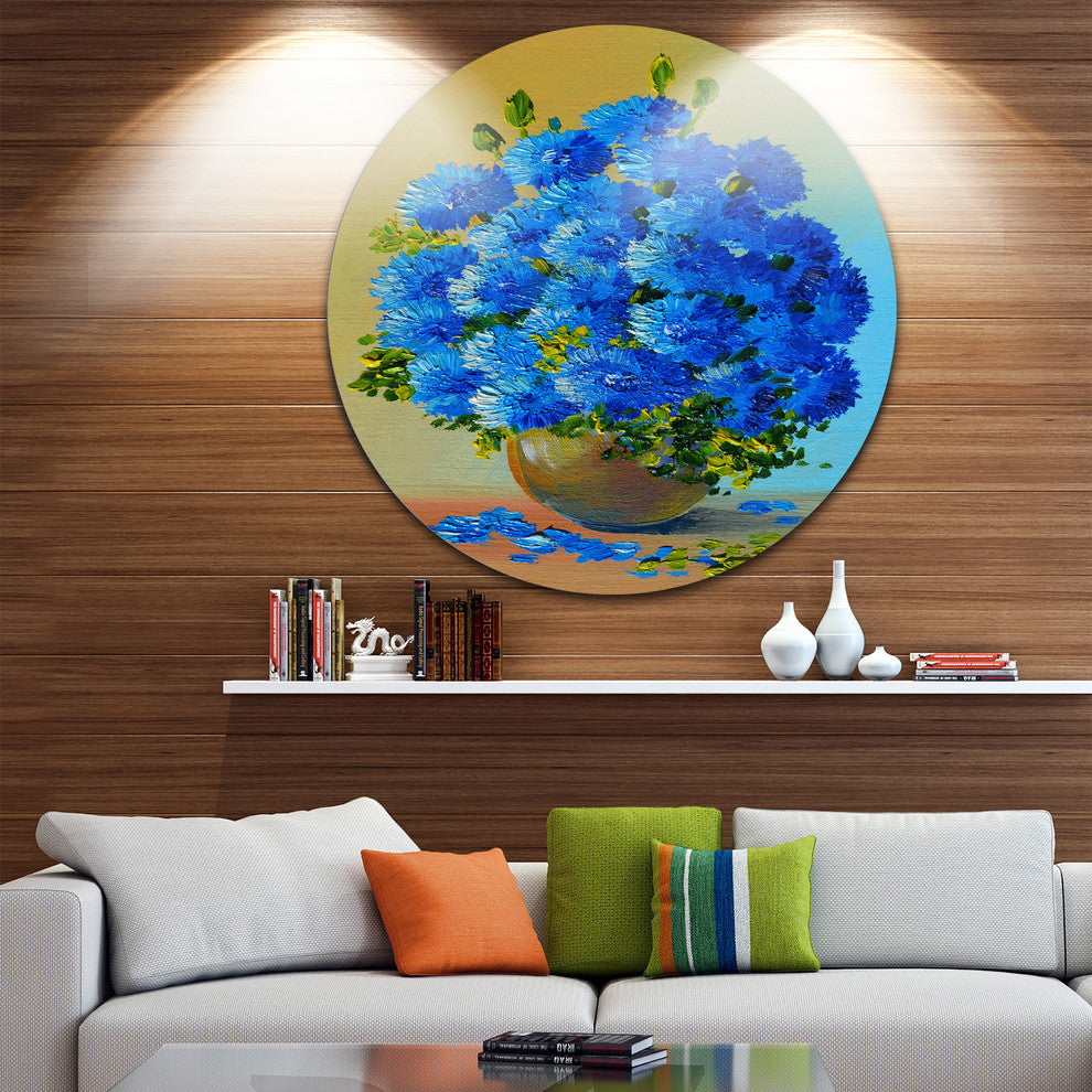 A Bouquet Of Blue Flowers, Floral Round Metal Wall Art, 11"